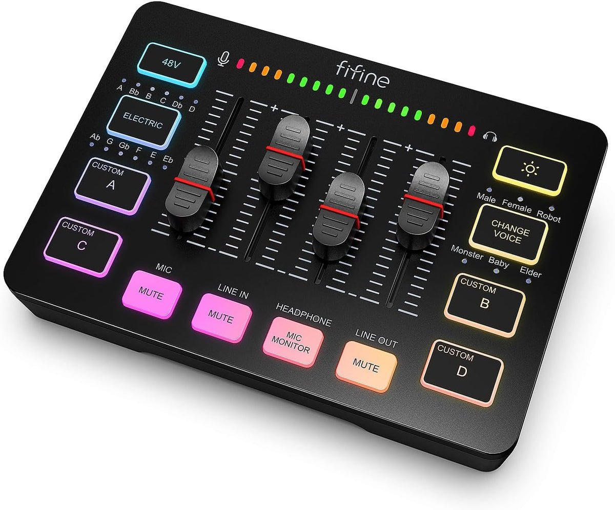FIFINE Gaming Audio Mixer, Streaming RGB PC Mixer with XLR Microphone Interface, Individual Control, Volume Fader, Mute Button, 48V Phantom Power, for Podcast/Recording/Vocal/Game Voice-AmpliGame SC3 - PuriLite