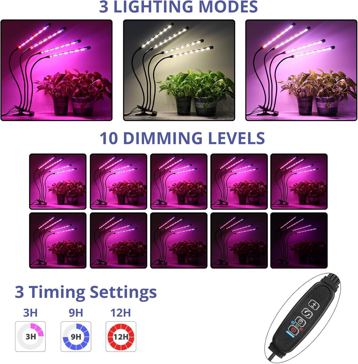 Sondiko Full Spectrum Grow Light for Indoor Plants – 4-Head LED with Auto Timer, 9-Level Dimmer & Flexible Gooseneck - PuriLite