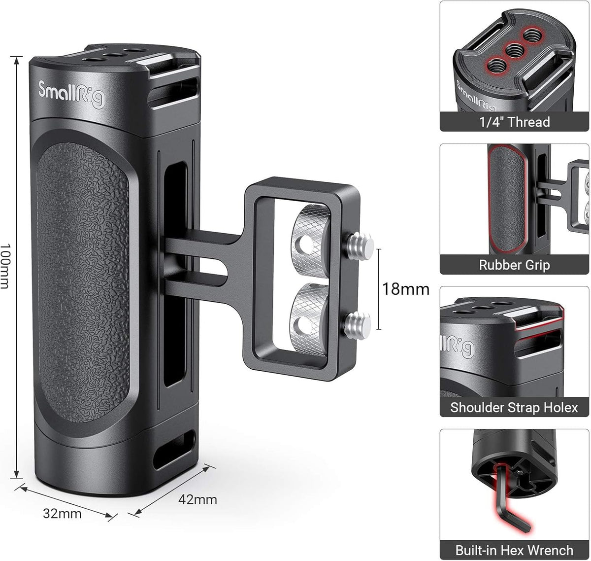 SMALLRIG Mini Side Handle Handgrip with Dual 1/4"-20 Screw Mount for Mirrorless Digital Camera DSLR Camera Small Camera Cage Built-in Wrench, Up and Down Adjustable - 2916 - PuriLite