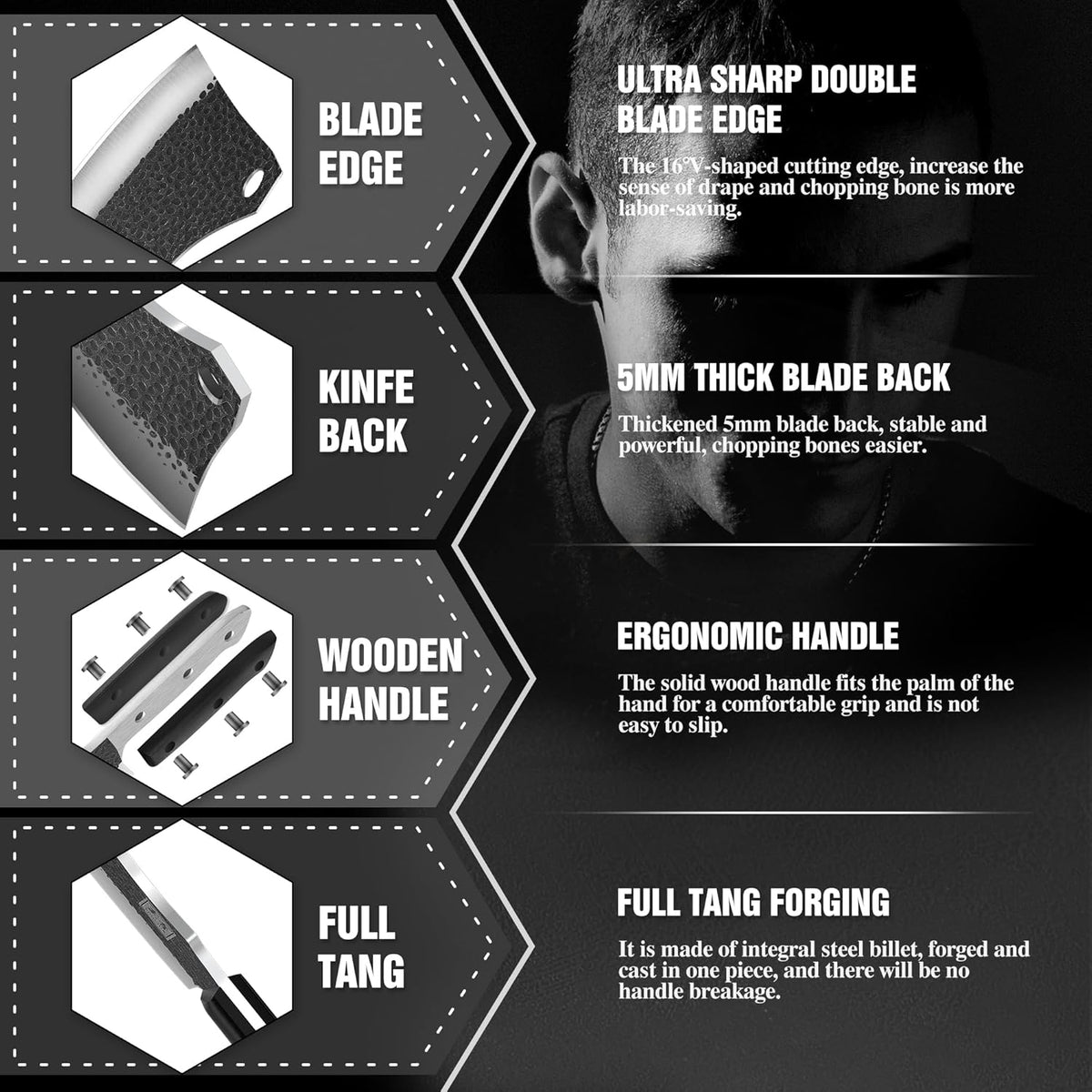 Cleaver Knife, ENOKING Meat Cleaver Hand Forged Serbian Chefs Knife German High Carbon Stainless Steel Butcher Knife for Meat Cutting with Full Tang and Gift Box, Chinese Cleaver for Kitchen & Outdoor - PuriLite
