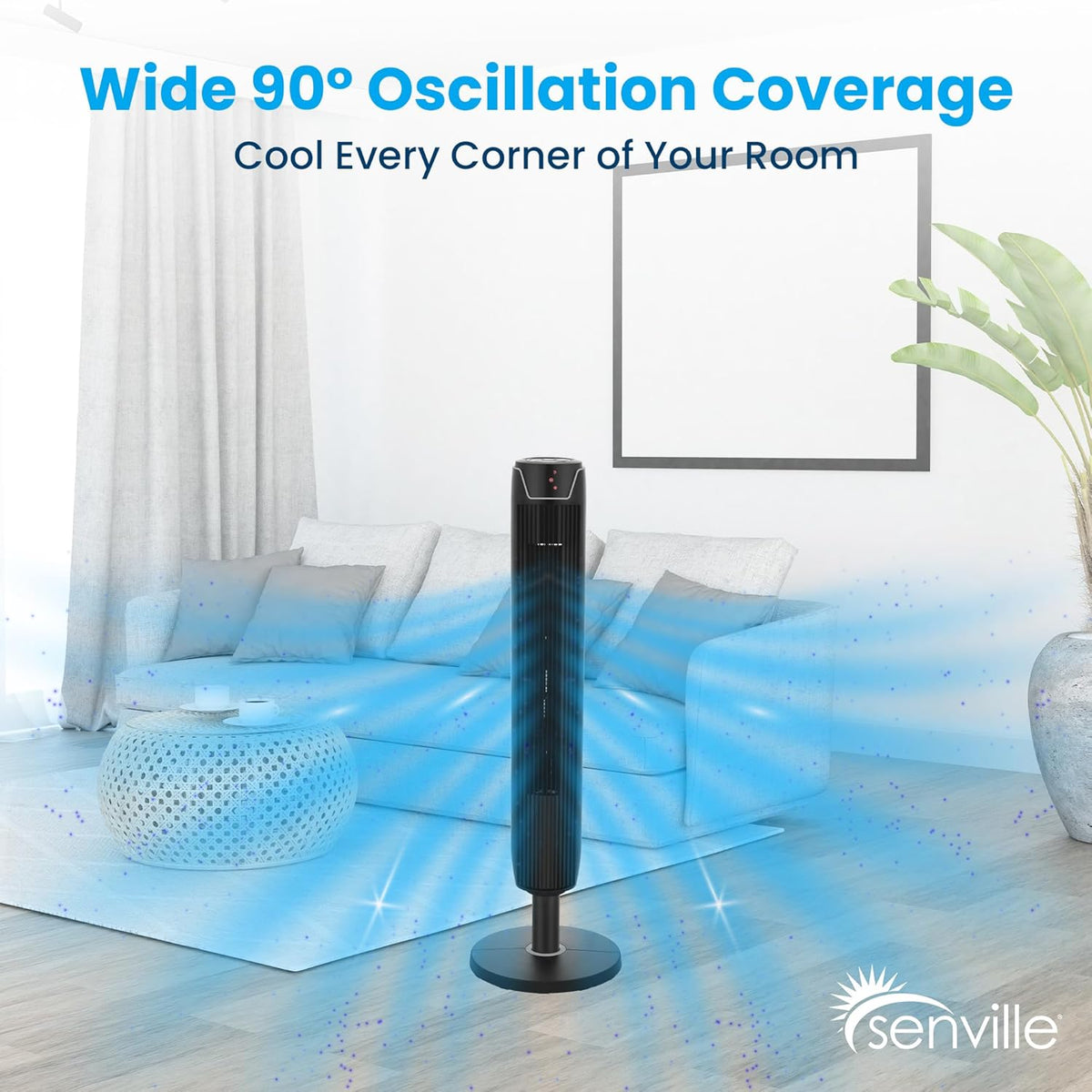 Senville 42" Oscillating Tower Fan for Bedroom, Remote, Bladeless, Quiet, 3 Modes, 7-Hour Timer, LED Display, Black - PuriLite
