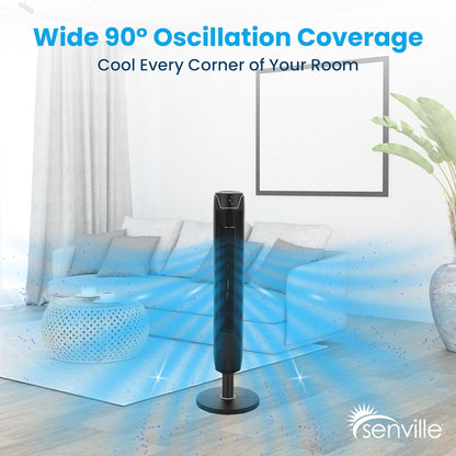 Senville 42" Oscillating Tower Fan for Bedroom, Remote, Bladeless, Quiet, 3 Modes, 7-Hour Timer, LED Display, Black - PuriLite