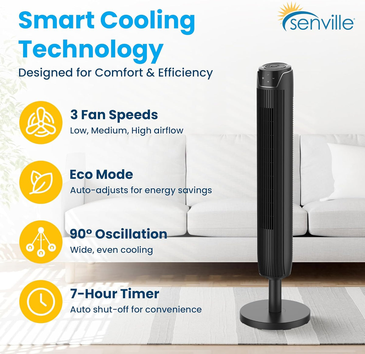 Senville 42" Oscillating Tower Fan for Bedroom, Remote, Bladeless, Quiet, 3 Modes, 7-Hour Timer, LED Display, Black - PuriLite