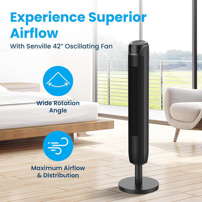 Senville 42" Oscillating Tower Fan for Bedroom, Remote, Bladeless, Quiet, 3 Modes, 7-Hour Timer, LED Display, Black - PuriLite