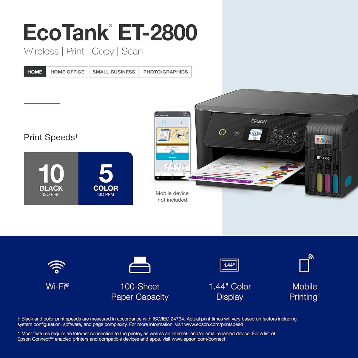 Epson EcoTank ET-2800 Wireless Color All-in-One Cartridge-Free Supertank Printer with Scan and Copy – The Ideal Basic Home Printer - Black - PuriLite