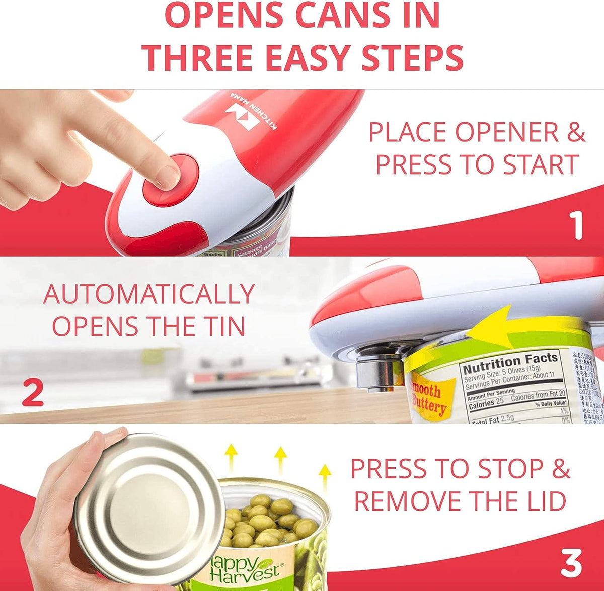 Kitchen Mama Electric Can Opener: Open Your Cans with A Simple Push of Button - No Sharp Edge, Food-Safe and Battery Operated Handheld Can Opener(Red) - PuriLite