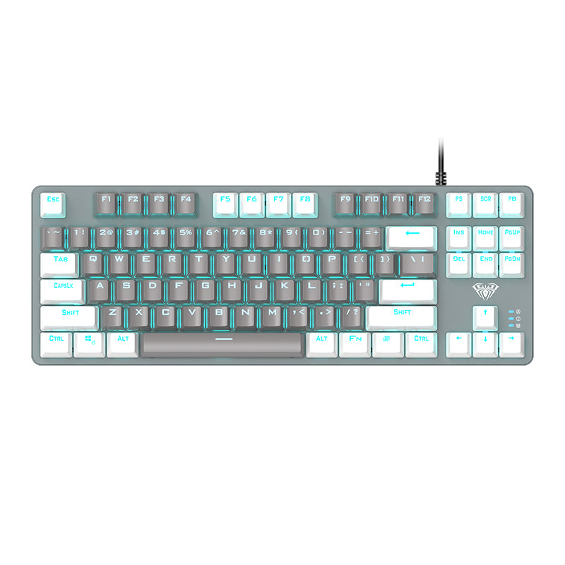 Aula - F3287 Wired Mechanical Gaming Keyboard - 87 Keys with Blue Switches - White & Grey Keycaps - Programmable Macros - PuriLite