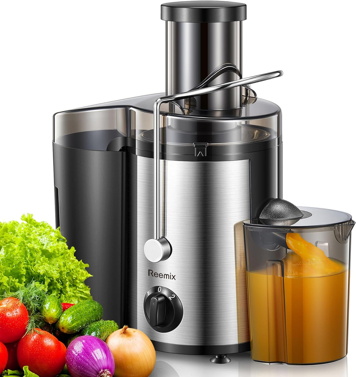 Reemix Juicer Machine, Big Mouth Large 3” Feed Chute for Whole Fruits and Vegetables, Easy to Clean, Centrifugal Extractor, BPA Free, 500W Motor (Black, 500, Watts) - PuriLite