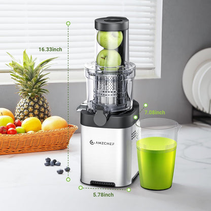 AMZCHEF Cold Press Juicer - Juicer Machine with Large Feed Chute for Whole Fruits and Vegetables - Durable Stainless Steel Masticating Juicer, Large Auger, Double Strainers - PuriLite
