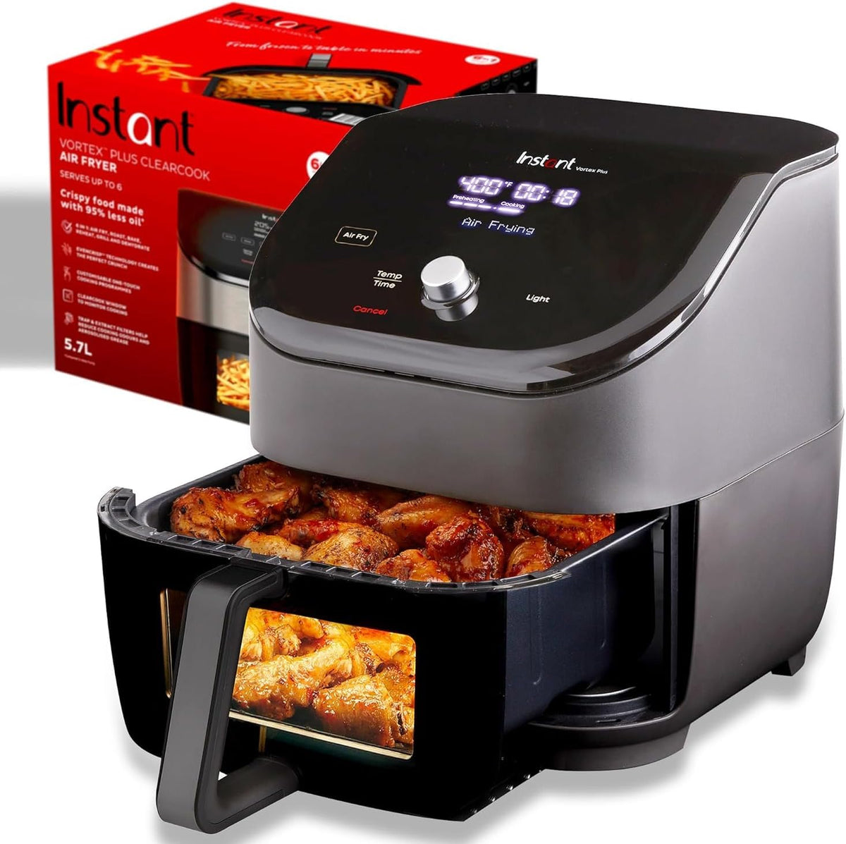 Instant Vortex Plus 6-Quart Air Fryer Oven, From the Makers of Instant Pot with ClearCook Cooking Window, Digital Touchscreen, App with over 100 Recipes, Single Basket, Black - PuriLite