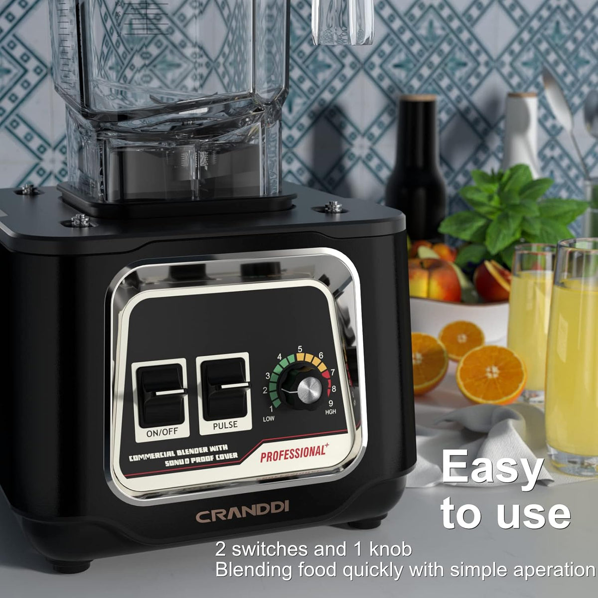 CRANDDI Quiet Smoothie Blender, Professional Countertop Blender with Removable Shield, 2200W Strong Motor, 52oz BPA-free Jar for Shakes and Smoothies, Self-Cleaning K80 (Black) - PuriLite