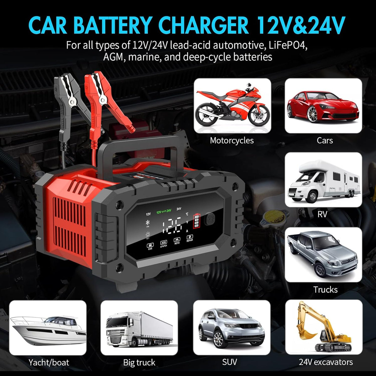 20A 12V/24V Automatic Car Battery Charger and Maintainer – LiFePO4, AGM, Gel, Deep Cycle Compatible with Pulse Repair and Winter Mode - PuriLite