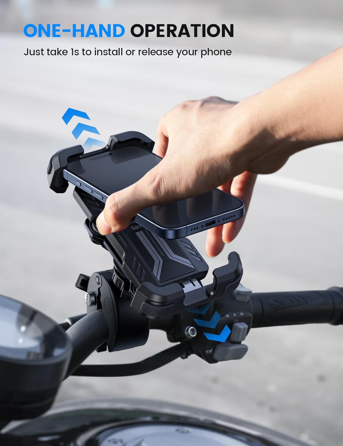 Lamicall Motorcycle Phone Mount Holder - [Dual Vibration Dampener] Anti Shake Motorcycle Cell Phone Mount with Upgraded Handlebar Clamp, Bike Phone Mount for iPhone 13 14 15 Pro Max, 4.7-6.7" Phones - PuriLite