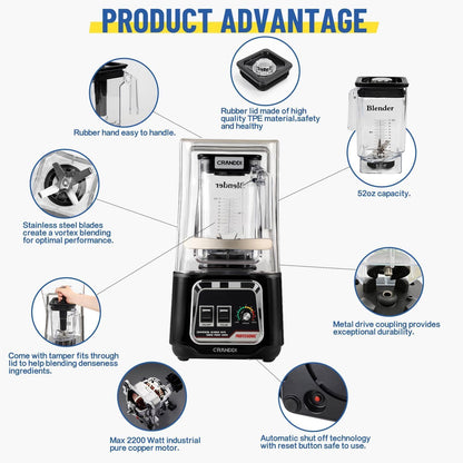 CRANDDI Quiet Smoothie Blender, Professional Countertop Blender with Removable Shield, 2200W Strong Motor, 52oz BPA-free Jar for Shakes and Smoothies, Self-Cleaning K80 (Black) - PuriLite