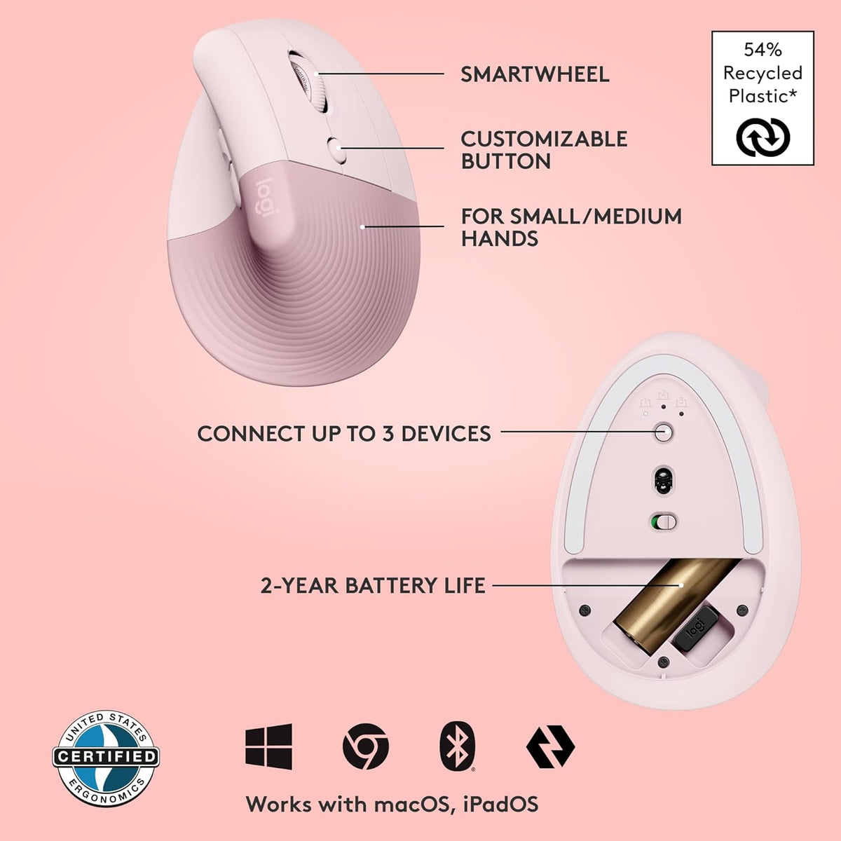 Logitech Lift Vertical Ergonomic Mouse, Wireless, Bluetooth or Logi Bolt USB receiver, Quiet clicks, 4 buttons, compatible with Windows/macOS/iPadOS, Laptop, PC - Rose - PuriLite