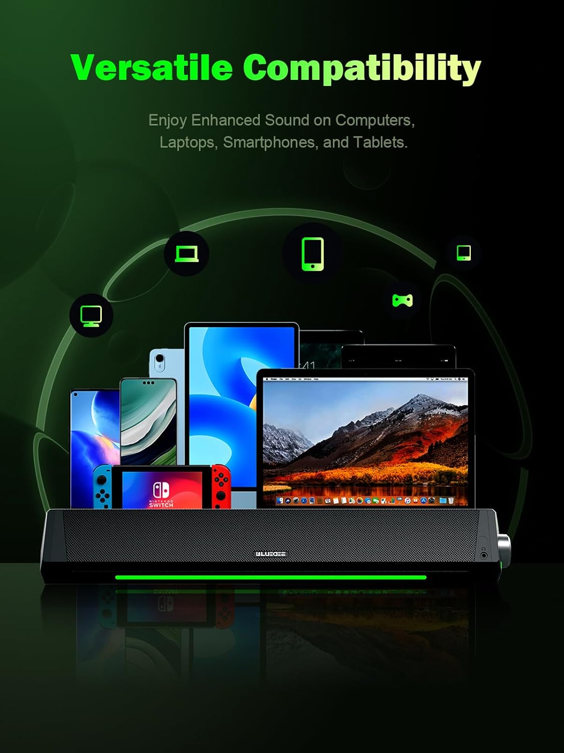 Computer Speakers, Dynamic RGB Computer Sound Bar, HiFi Stereo Bluetooth 5.0 & 3.5mm Aux-in Connection, USB Powered Computer Speakers for Desktop, PC, Laptop, Tablets - PuriLite