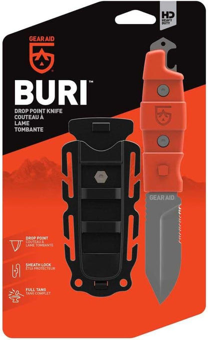 GEAR AID Buri Drop Point Knife with Sheath, Orange, 3” Blade - PuriLite
