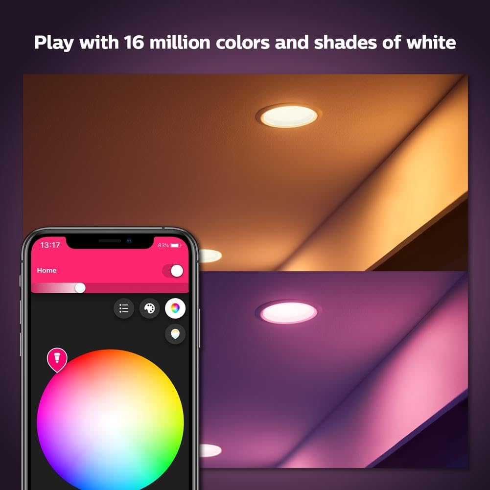 Philips Hue White & Color Ambiance 4" Smart LED Retrofit Can Downlight, Color Changing, Bluetooth & Zigbee Compatible (Hue Hub Optional), Smart Ceiling Lighting - PuriLite