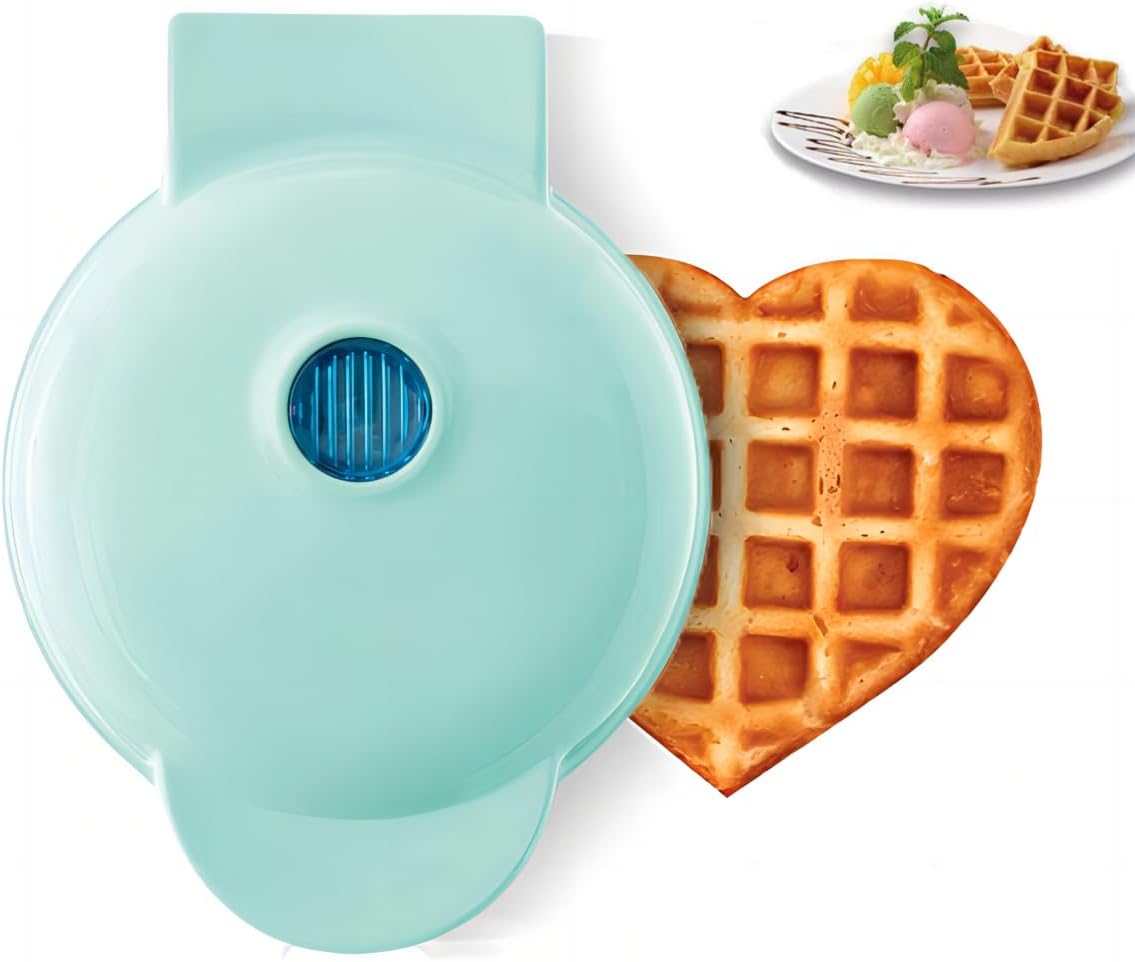 Mini Maker Waffle Maker 5“ Non-Stick Waffler Iron Stuffler Stuffed Wafflera Adjustable Browning Control, Heart, Azure - PuriLite