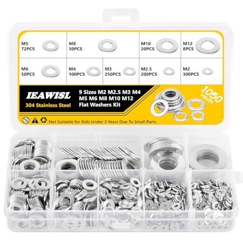 1050Pcs Flat Washers Set, 304 Stainless Steel Flat Washers for Screws, Assorted Sizes (M2 M2.5 M3 M4 M5 M6 M8 M10 M12) for Industrial Use - PuriLite