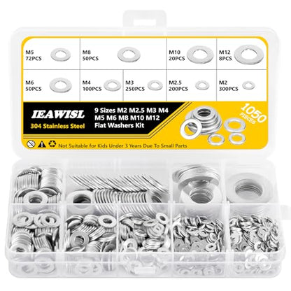 1050Pcs Flat Washers Set, 304 Stainless Steel Flat Washers for Screws, Assorted Sizes (M2 M2.5 M3 M4 M5 M6 M8 M10 M12) for Industrial Use - PuriLite