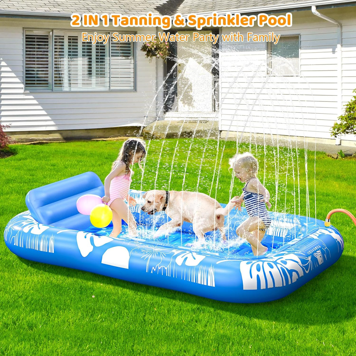 Inflatable Tanning Pool Lounger Float with Sprinkler, 77" x 48" Pool Floats Adult with Pillow, 6 in 1 Suntan Tub Raft Floatie with Drink Holder Sunbathing Water Lounge - PuriLite