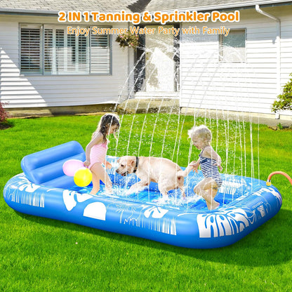 Inflatable Tanning Pool Lounger Float with Sprinkler, 77" x 48" Pool Floats Adult with Pillow, 6 in 1 Suntan Tub Raft Floatie with Drink Holder Sunbathing Water Lounge - PuriLite