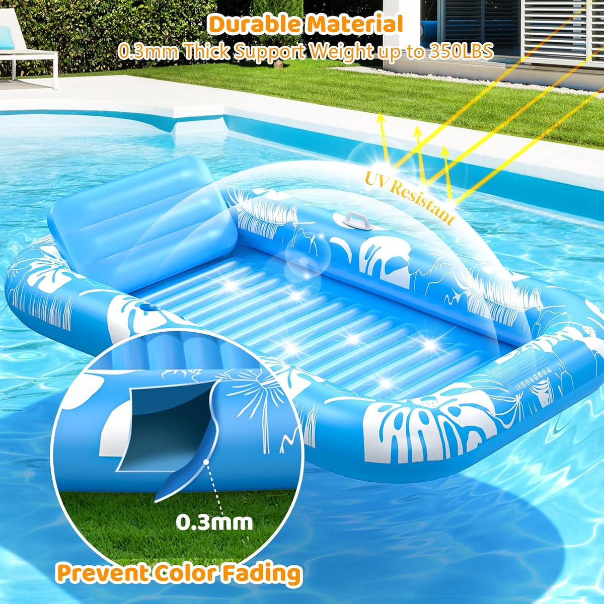 Inflatable Tanning Pool Lounger Float with Sprinkler, 77" x 48" Pool Floats Adult with Pillow, 6 in 1 Suntan Tub Raft Floatie with Drink Holder Sunbathing Water Lounge - PuriLite