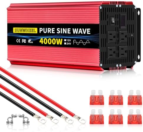 SUNWHEEL 4000W Pure Sine Wave Inverter, 12V DC to 110V/120V AC Power Inverter for RV、Microwave、Off Grid、Truck、Refrigerator、Air Conditioner with 4 AC outlets and LCD Display - PuriLite
