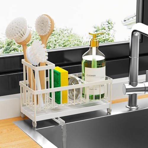 Cisily Sponge Holder for Kitchen Sink, Sink Caddy with High Brush Holder, Organzier Rustproof 304 Stainless Steel Dish Organizer Divider, Soap Dispenser Storage (Black) - PuriLite