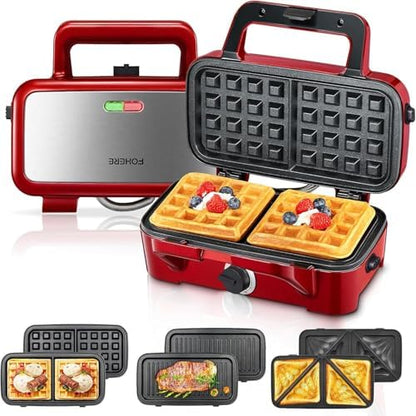 FOHERE 3-in-1 Waffle Maker, Sandwich Maker, Panini Press with Removable Plates, 5-Gear Temperature, LED Indicator Lights, Portable Handle, 1200W Belgian Electric Grill Cheese Machine - PuriLite