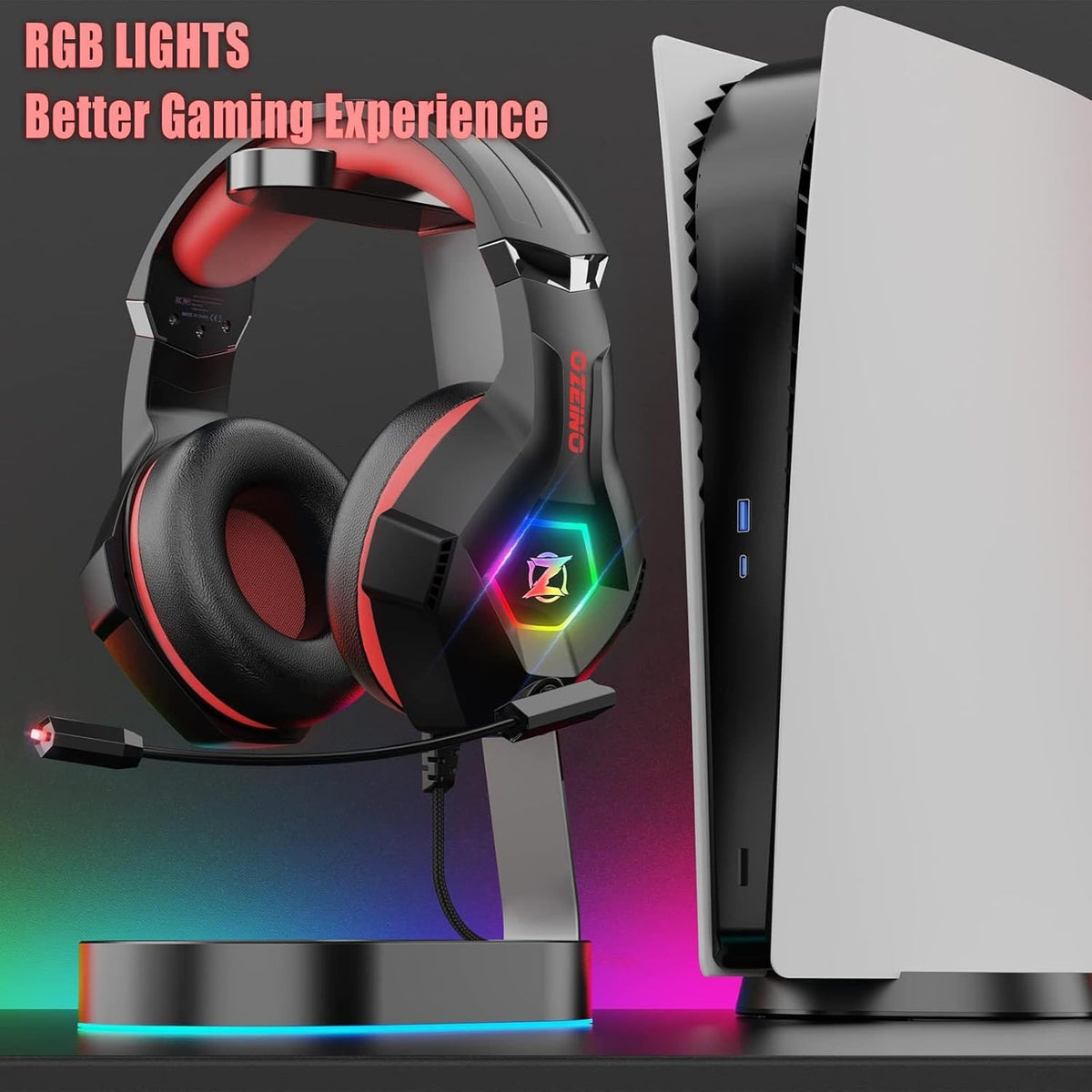 Ozeino Gaming Headset Ps5 Ps4 Headset with 7.1 Surround Sound, Gaming Headphones with Noise Cancelling Flexible Mic RGB Light Memory Earmuffs for PC, Xbox Series X/S, Mac, Phone - PuriLite