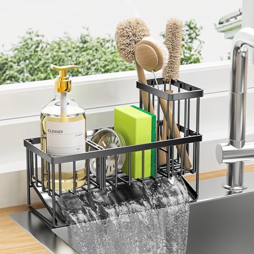 Cisily Kitchen Sink Caddy Organzier with High Brush Holder, Sponge Holder for Sink, 304 Rustproof Stainless, Kitchen Countertop Soap Dispenser Organizer, Kitchen Decor and Accessories (Black) - PuriLite