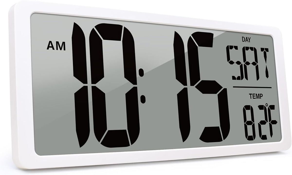 KMMKGG 15" Large Digital Wall Clock Battery Operated, Digital Clock Display with Day, Date & Temperature, Large Wall Clock for Bedroom, Livingroom, Office(4.6" Numbers) - PuriLite