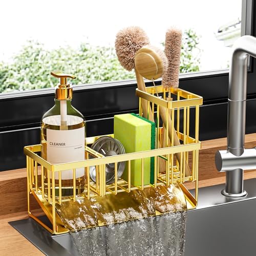 Cisily Kitchen Sink Caddy Organzier with High Brush Holder, Sponge Holder for Sink, 304 Rustproof Stainless, Kitchen Countertop Soap Dispenser Organizer, Kitchen Decor and Accessories (Black) - PuriLite