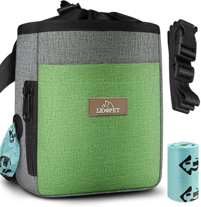 LIOOPET Dog Treat Pouch - Fashionable Green&Grey Design - Large Capacity Dog Treat Bag for Dog Walks, Outdoor Activities, Travel and Training - Includes 1 Poop Bags - PuriLite