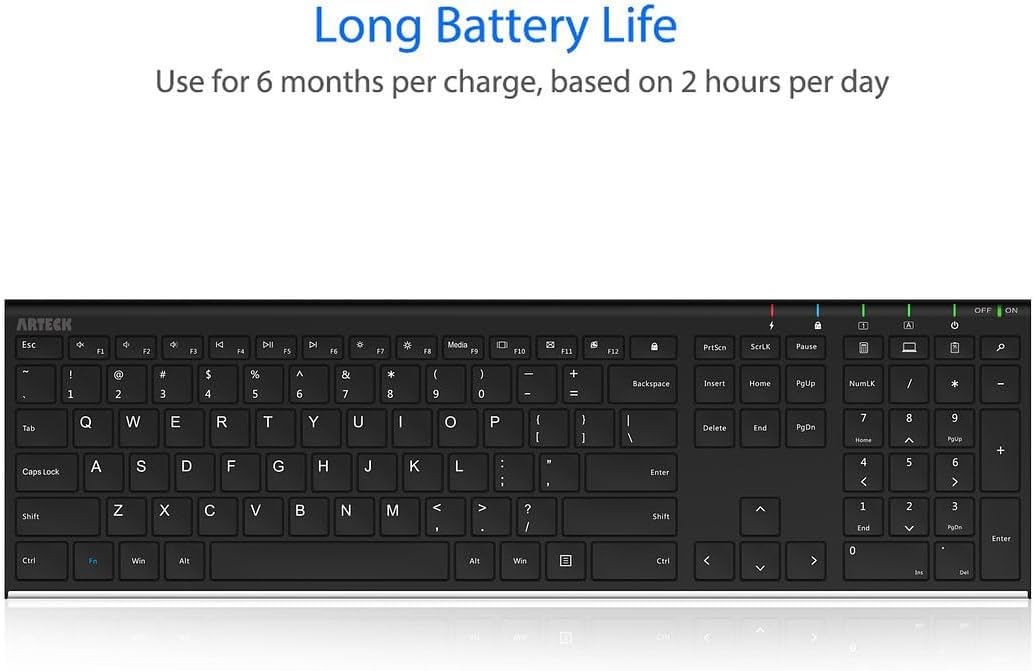 Arteck 2.4G Wireless Keyboard Stainless Steel Ultra Slim Full Size Keyboard with Numeric Keypad for Computer/Desktop/PC/Laptop/Surface/Smart TV and Windows 10/8/ 7 Built in Rechargeable Battery - PuriLite