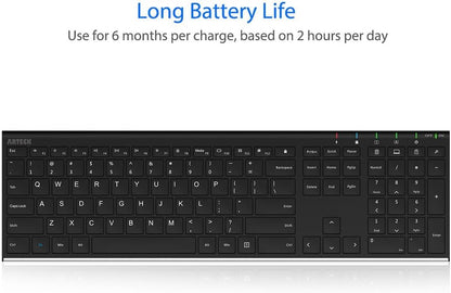 Arteck 2.4G Wireless Keyboard Stainless Steel Ultra Slim Full Size Keyboard with Numeric Keypad for Computer/Desktop/PC/Laptop/Surface/Smart TV and Windows 10/8/ 7 Built in Rechargeable Battery - PuriLite