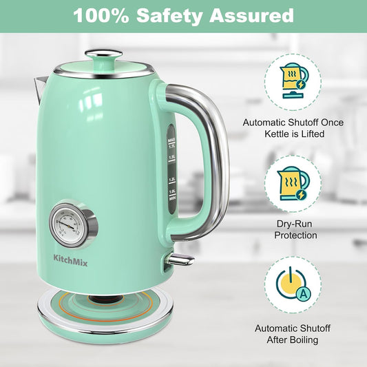 KitchMix Electric Tea Kettles1500W for Boiling Water, 1.7L Stainless Steel Tea Kettle with Thermometer, Auto Shut-Off & Boil-Dry, Cool Touch Handle, BPA Free Kettle & Hot Water Kettle (Green) - PuriLite