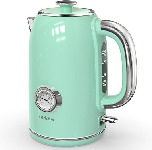 KitchMix Electric Tea Kettles1500W for Boiling Water, 1.7L Stainless Steel Tea Kettle with Thermometer, Auto Shut-Off & Boil-Dry, Cool Touch Handle, BPA Free Kettle & Hot Water Kettle (Green) - PuriLite
