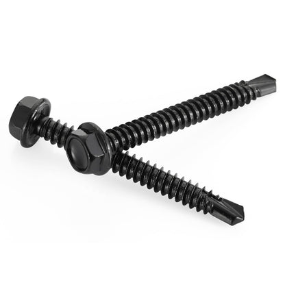#10 x 1 Hex Washer Head Self Tapping Drilling Screws Black Oxidized, 410 Stainless Steel, 100 PCS - PuriLite