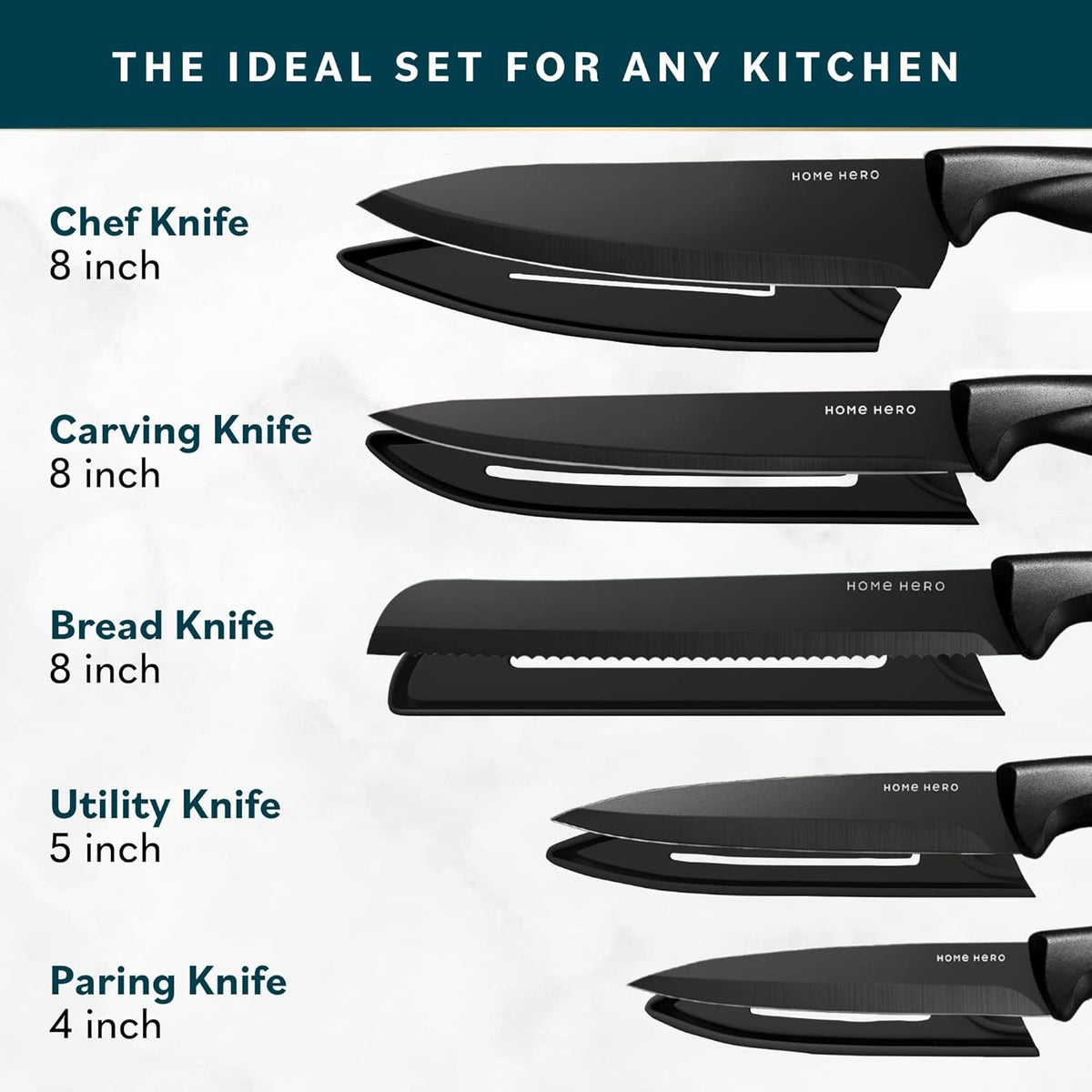 Home Hero Ultra-Sharp Stainless Steel Kitchen Knife Set - Chef Knife with Knife Sharpener - Steak Knives - Couteau Cuisine (11 pcs Set - Black with Sheath)