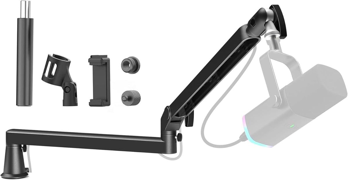 Microphone Boom Arm, Low Profile Mic Arm Professional Adjustable Solid Desk Mount Clamp,Cable Management Microphone Arm Stand for Podcast Streaming Gaming Studio Mic Stand White - PuriLite