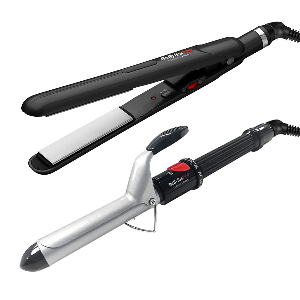 BaBylissPRO Ceramic Styling Duo, 1 inch Ceramic Flat Iron, and 1 inch Ceramic Curling Iron, Dual Voltage, Heats Up To 450 Degress Fahrenheit - PuriLite