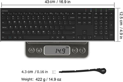 Arteck 2.4G Wireless Keyboard Stainless Steel Ultra Slim Full Size Keyboard with Numeric Keypad for Computer/Desktop/PC/Laptop/Surface/Smart TV and Windows 10/8/ 7 Built in Rechargeable Battery - PuriLite