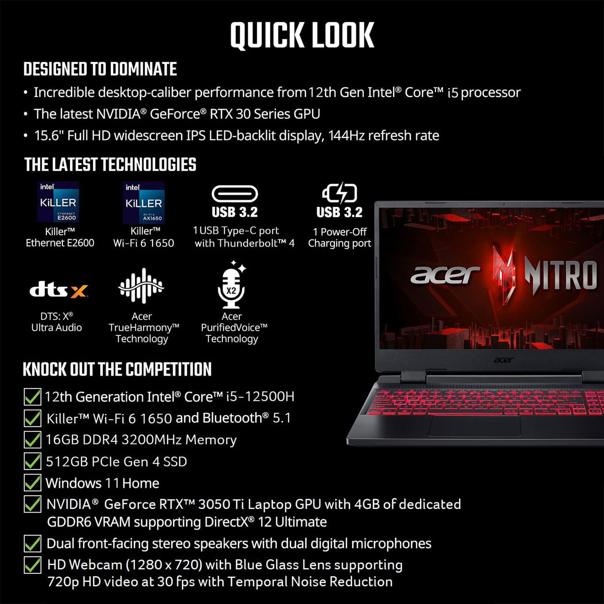 Acer Nitro 5 AN515-58-57Y8 Gaming Laptop | Intel Core i5-12500H | NVIDIA GeForce RTX 3050 Ti Laptop GPU | 15.6" FHD 144Hz IPS Display | 16GB DDR4 | 512GB Gen 4 SSD | Killer Wi-Fi 6 | Backlit Keyboard - PuriLite