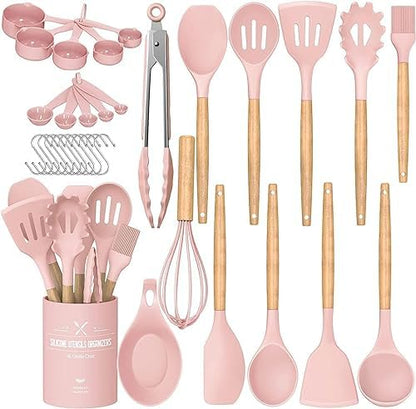 Umite Chef Kitchen Cooking Utensils Set, 33 pcs Non-Stick Silicone Cooking Kitchen Utensils Spatula Set with Holder, Wooden Handle Silicone Kitchen Gadgets Utensil Set (Khaki) - PuriLite