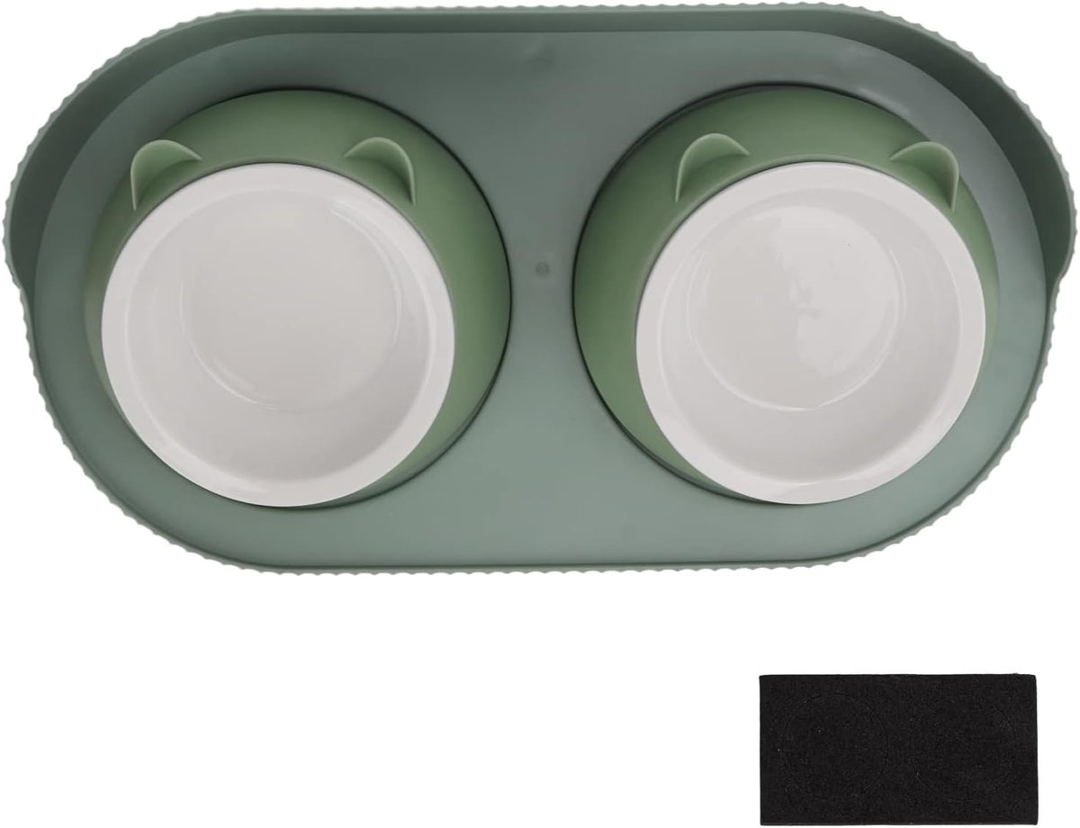 Elevated Cat Bowls, Double Ceramic Pet Bowls Cat Food and Water Set Elevated Feeding Station Ceramic Pet Dish Feeder for Kitten and Small Dogs, (Green [Cheongsam Meow] Green Bottom)