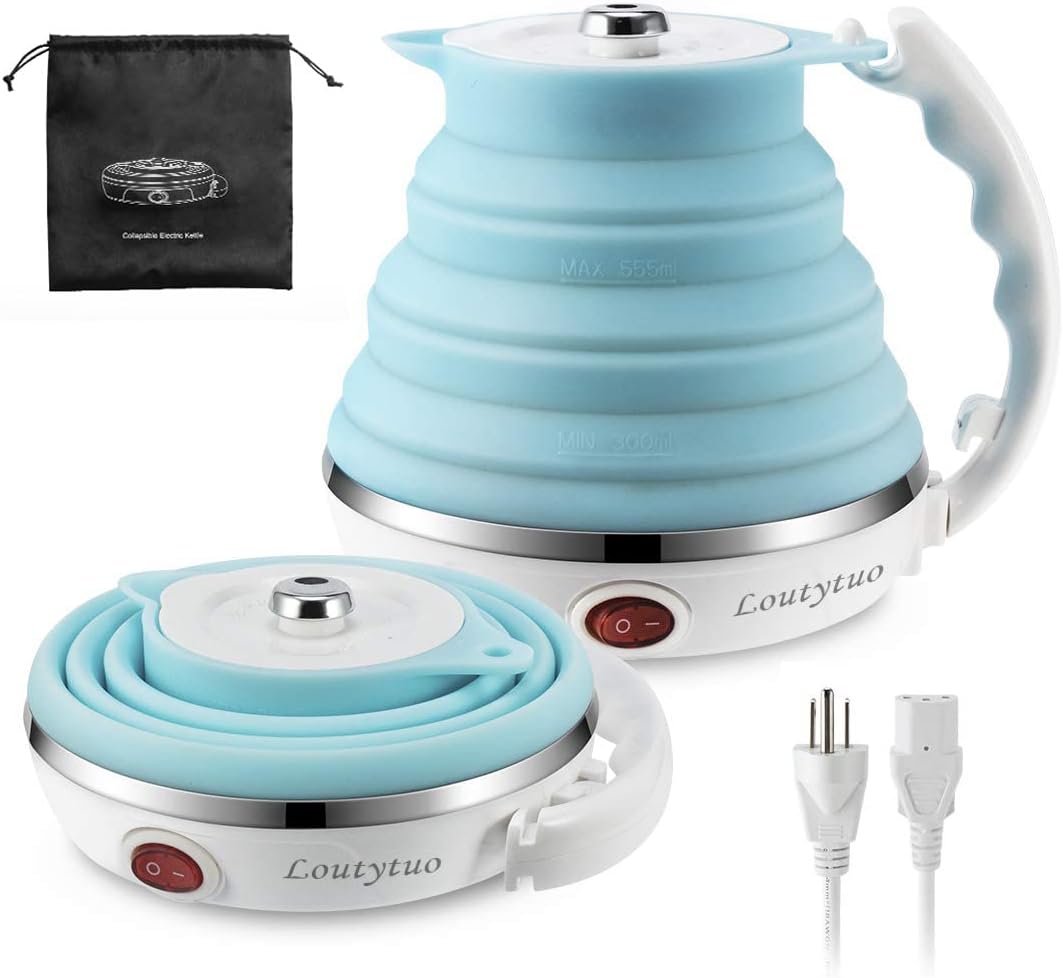 120V 555ML Ultrathin Travel Foldable Electric Kettle with Separable Power Cord and Handle, Boil Dry Protection, Food Grade Silicone - PuriLite
