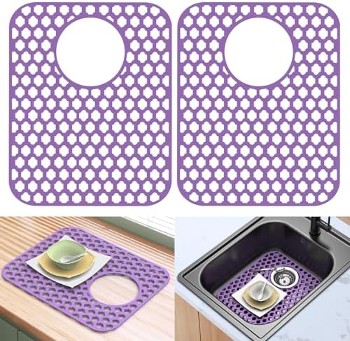 BEHOK 2 Pack Silicone Sink Protector for Kitchen Sink Bathroom Sink 13.58"x 11.6" Sink Mat, Non-Slip and Durable Silicone Sink Grid, Rear Drain (Gray) - PuriLite